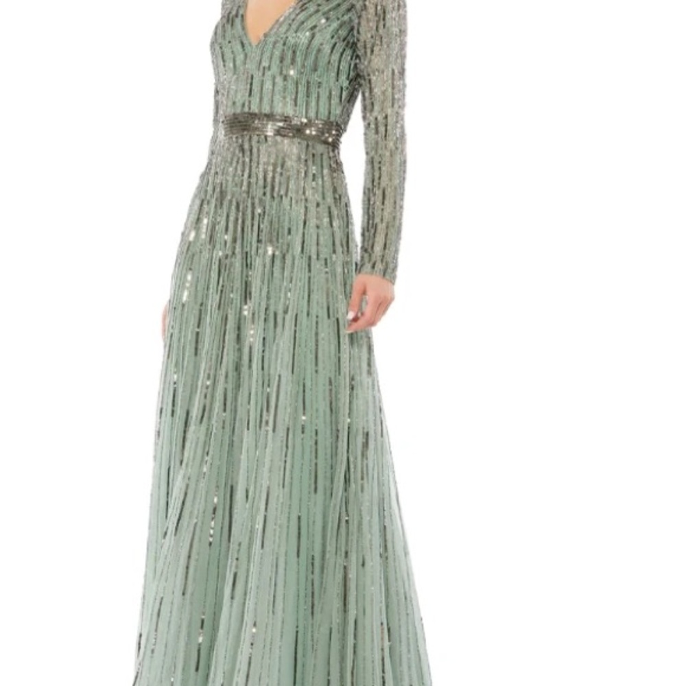 Mac Duggal Green Sequin Long Sleeve Gown